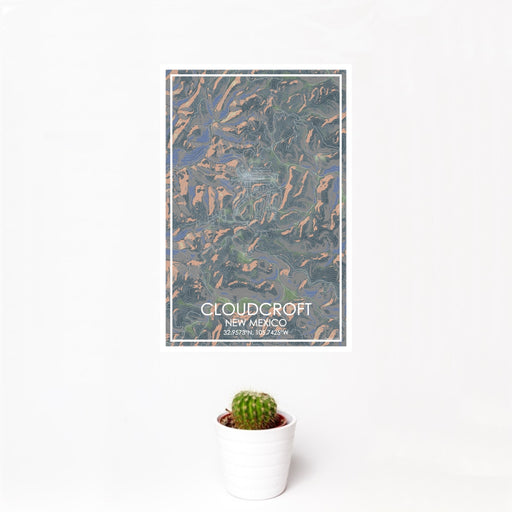 12x18 Cloudcroft New Mexico Map Print Portrait Orientation in Afternoon Style With Small Cactus Plant in White Planter