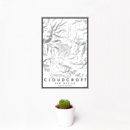 12x18 Cloudcroft New Mexico Map Print Portrait Orientation in Classic Style With Small Cactus Plant in White Planter