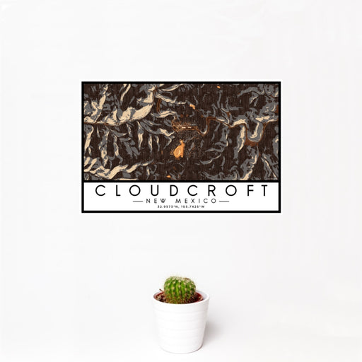 12x18 Cloudcroft New Mexico Map Print Landscape Orientation in Ember Style With Small Cactus Plant in White Planter