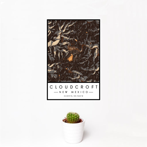 12x18 Cloudcroft New Mexico Map Print Portrait Orientation in Ember Style With Small Cactus Plant in White Planter
