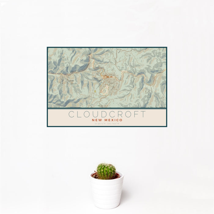 12x18 Cloudcroft New Mexico Map Print Landscape Orientation in Woodblock Style With Small Cactus Plant in White Planter