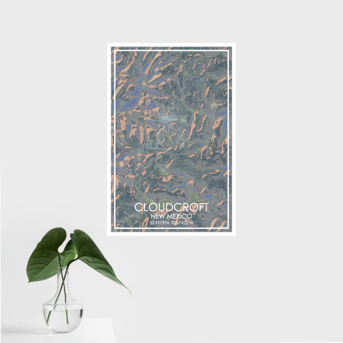 16x24 Cloudcroft New Mexico Map Print Portrait Orientation in Afternoon Style With Tropical Plant Leaves in Water