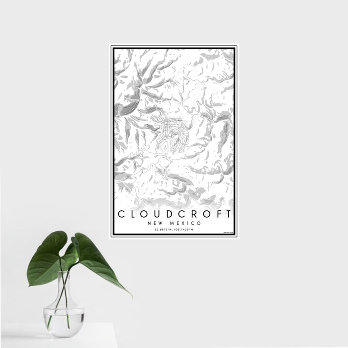 16x24 Cloudcroft New Mexico Map Print Portrait Orientation in Classic Style With Tropical Plant Leaves in Water