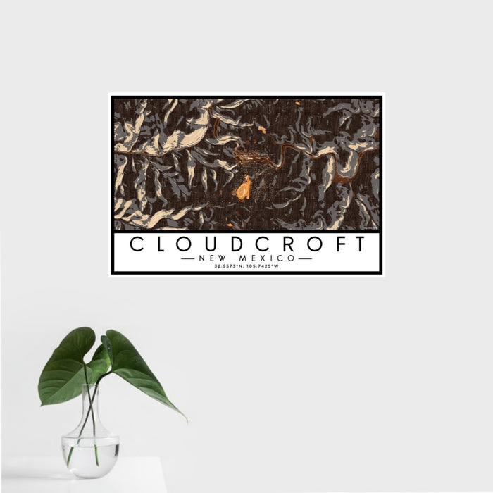16x24 Cloudcroft New Mexico Map Print Landscape Orientation in Ember Style With Tropical Plant Leaves in Water