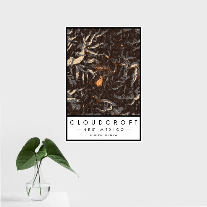 16x24 Cloudcroft New Mexico Map Print Portrait Orientation in Ember Style With Tropical Plant Leaves in Water