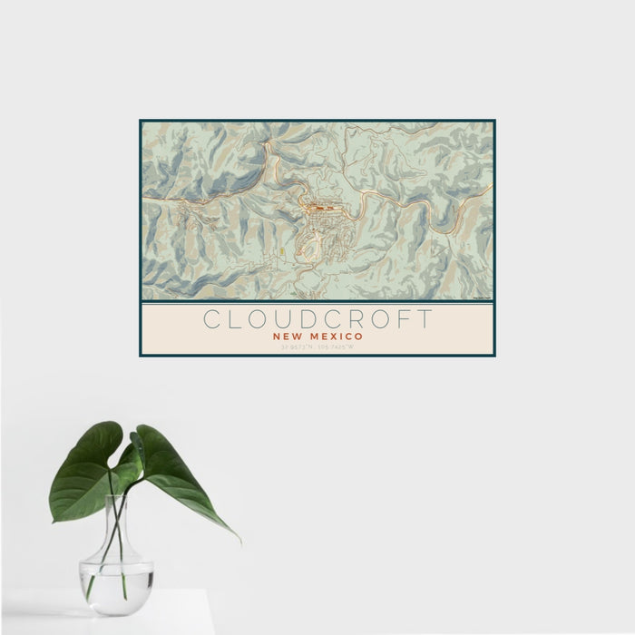 16x24 Cloudcroft New Mexico Map Print Landscape Orientation in Woodblock Style With Tropical Plant Leaves in Water