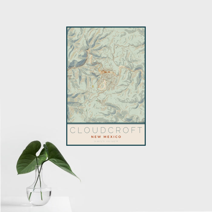16x24 Cloudcroft New Mexico Map Print Portrait Orientation in Woodblock Style With Tropical Plant Leaves in Water