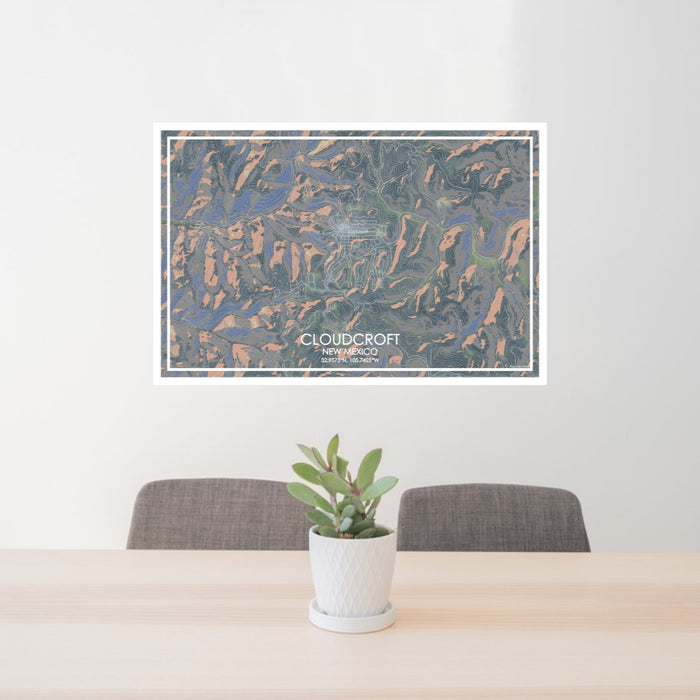 24x36 Cloudcroft New Mexico Map Print Lanscape Orientation in Afternoon Style Behind 2 Chairs Table and Potted Plant