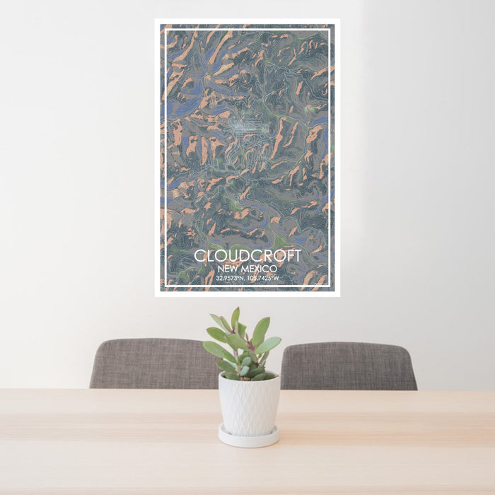 24x36 Cloudcroft New Mexico Map Print Portrait Orientation in Afternoon Style Behind 2 Chairs Table and Potted Plant