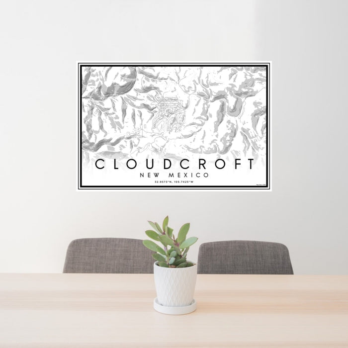 24x36 Cloudcroft New Mexico Map Print Lanscape Orientation in Classic Style Behind 2 Chairs Table and Potted Plant