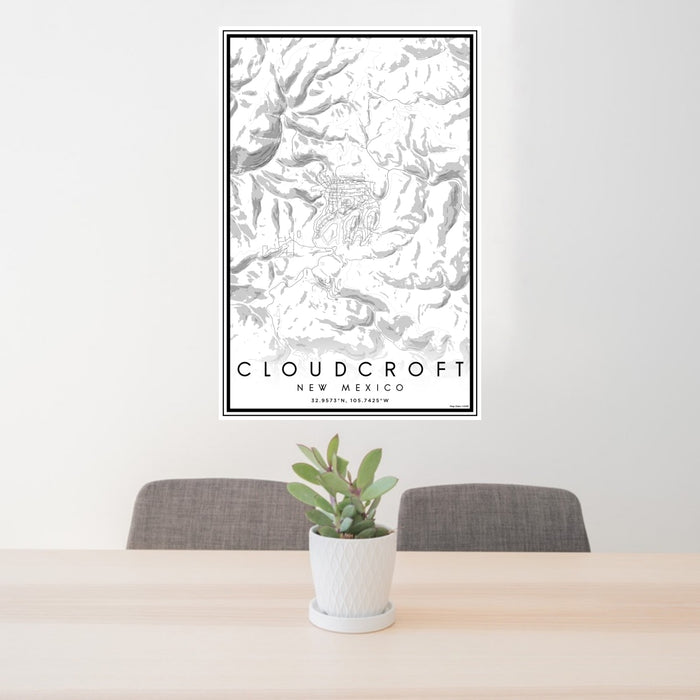 24x36 Cloudcroft New Mexico Map Print Portrait Orientation in Classic Style Behind 2 Chairs Table and Potted Plant