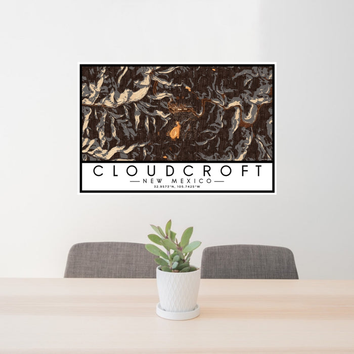 24x36 Cloudcroft New Mexico Map Print Lanscape Orientation in Ember Style Behind 2 Chairs Table and Potted Plant
