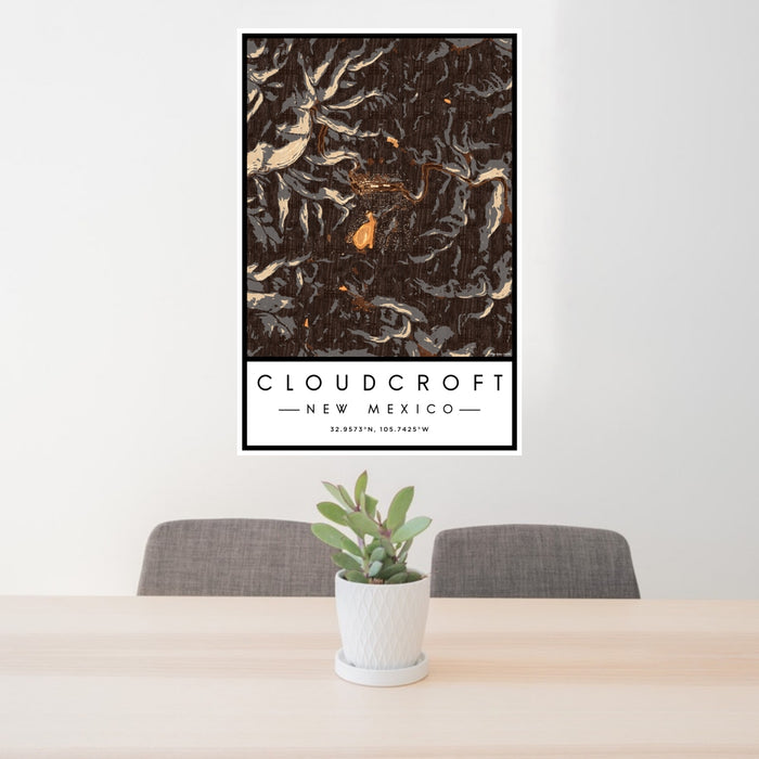 24x36 Cloudcroft New Mexico Map Print Portrait Orientation in Ember Style Behind 2 Chairs Table and Potted Plant