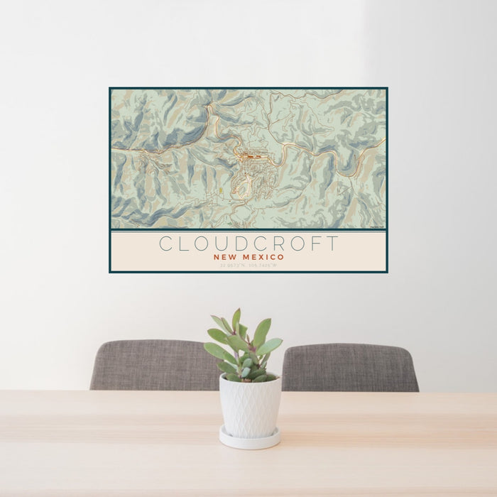24x36 Cloudcroft New Mexico Map Print Lanscape Orientation in Woodblock Style Behind 2 Chairs Table and Potted Plant
