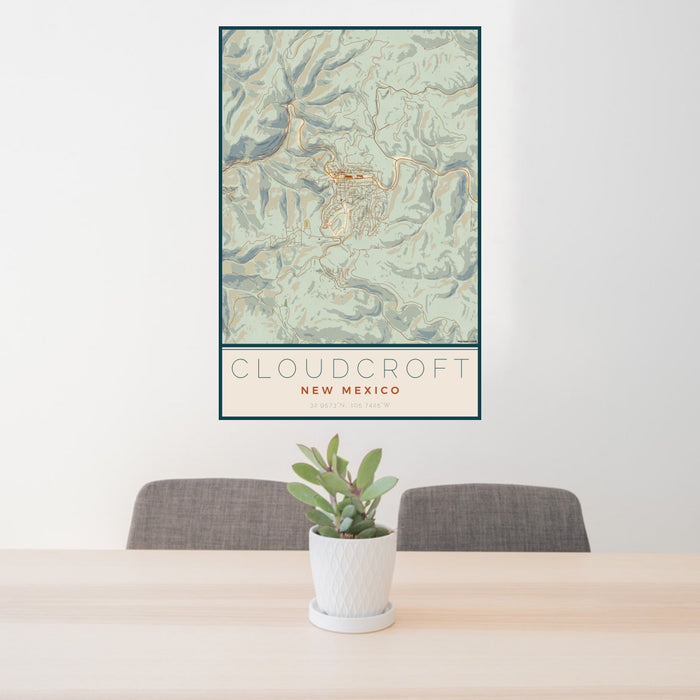 24x36 Cloudcroft New Mexico Map Print Portrait Orientation in Woodblock Style Behind 2 Chairs Table and Potted Plant
