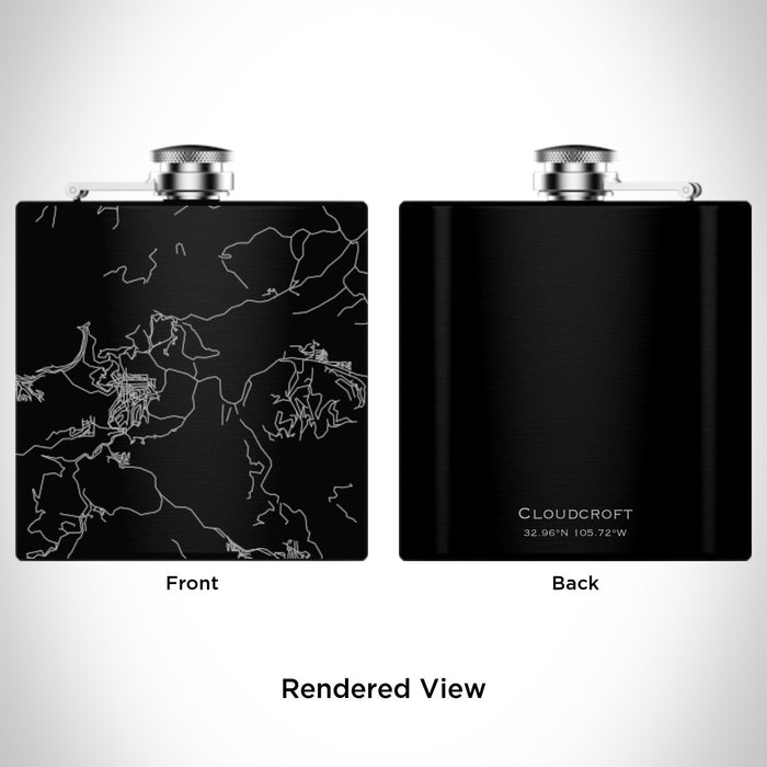 Rendered View of Cloudcroft New Mexico Map Engraving on 6oz Stainless Steel Flask in Black