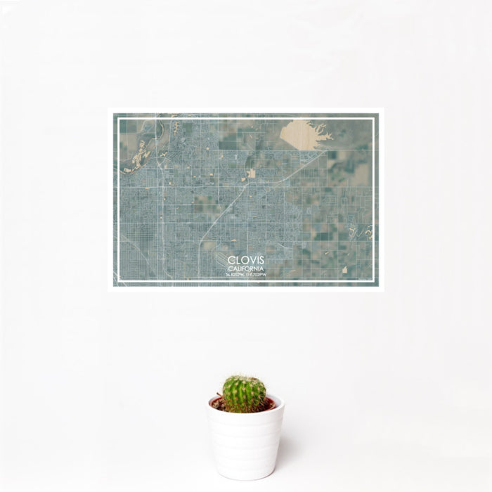 12x18 Clovis California Map Print Landscape Orientation in Afternoon Style With Small Cactus Plant in White Planter