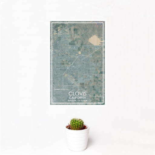 12x18 Clovis California Map Print Portrait Orientation in Afternoon Style With Small Cactus Plant in White Planter