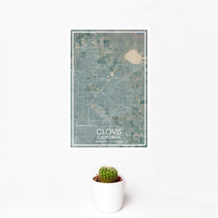 12x18 Clovis California Map Print Portrait Orientation in Afternoon Style With Small Cactus Plant in White Planter