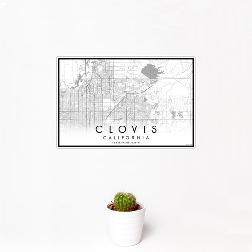 12x18 Clovis California Map Print Landscape Orientation in Classic Style With Small Cactus Plant in White Planter