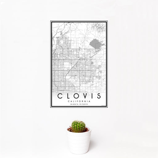 12x18 Clovis California Map Print Portrait Orientation in Classic Style With Small Cactus Plant in White Planter