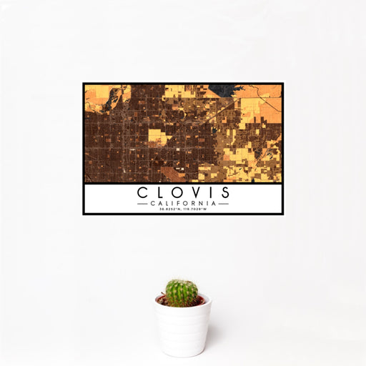 12x18 Clovis California Map Print Landscape Orientation in Ember Style With Small Cactus Plant in White Planter