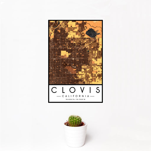 12x18 Clovis California Map Print Portrait Orientation in Ember Style With Small Cactus Plant in White Planter