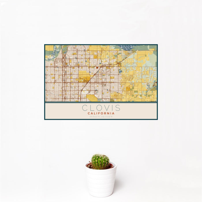 12x18 Clovis California Map Print Landscape Orientation in Woodblock Style With Small Cactus Plant in White Planter
