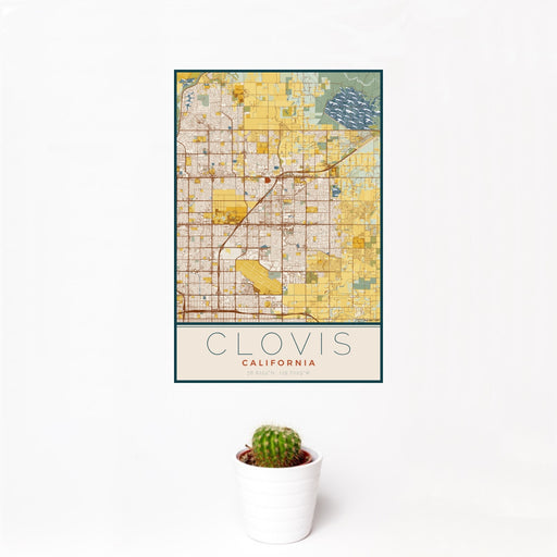 12x18 Clovis California Map Print Portrait Orientation in Woodblock Style With Small Cactus Plant in White Planter
