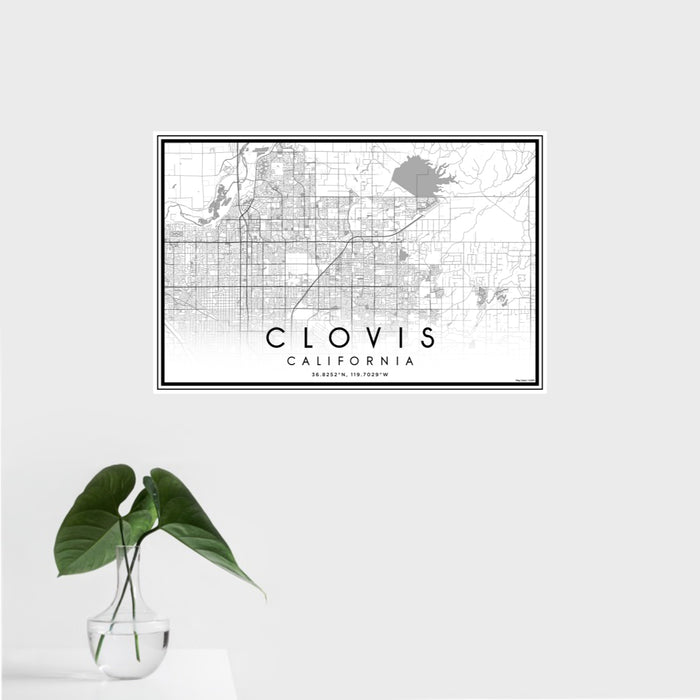 16x24 Clovis California Map Print Landscape Orientation in Classic Style With Tropical Plant Leaves in Water