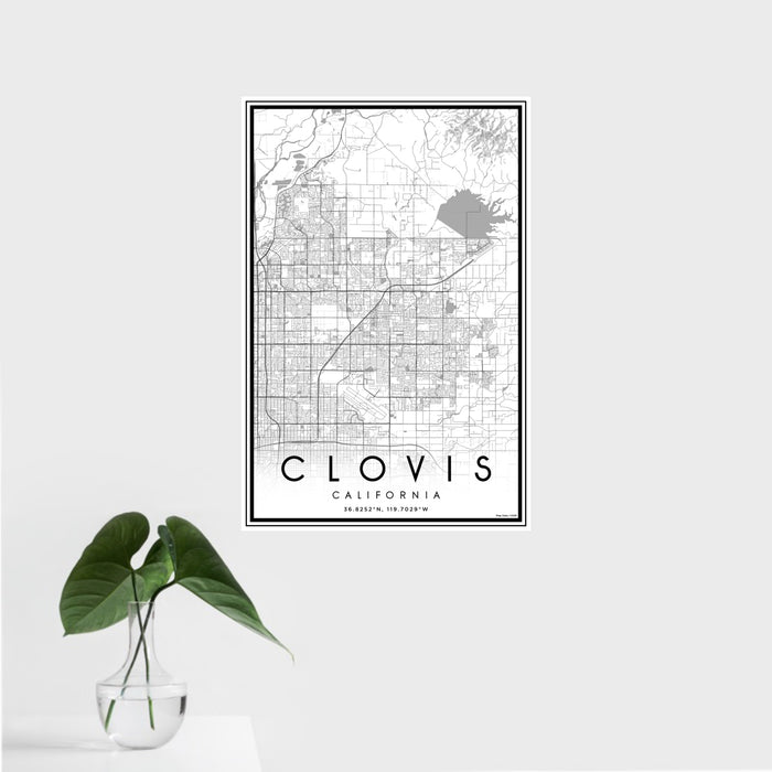 16x24 Clovis California Map Print Portrait Orientation in Classic Style With Tropical Plant Leaves in Water