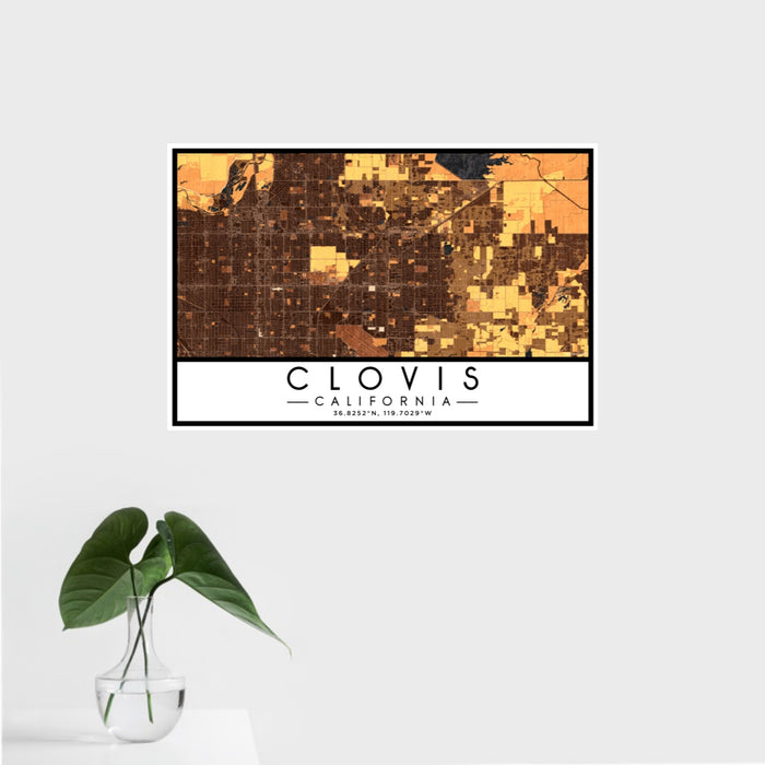 16x24 Clovis California Map Print Landscape Orientation in Ember Style With Tropical Plant Leaves in Water