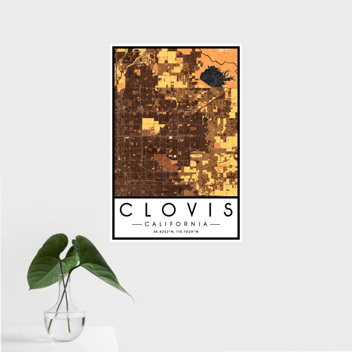 16x24 Clovis California Map Print Portrait Orientation in Ember Style With Tropical Plant Leaves in Water