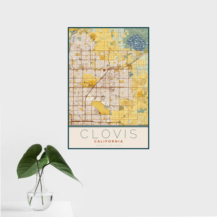 16x24 Clovis California Map Print Portrait Orientation in Woodblock Style With Tropical Plant Leaves in Water