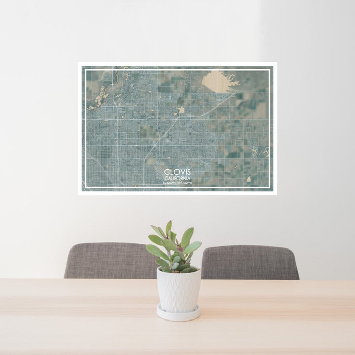 24x36 Clovis California Map Print Lanscape Orientation in Afternoon Style Behind 2 Chairs Table and Potted Plant