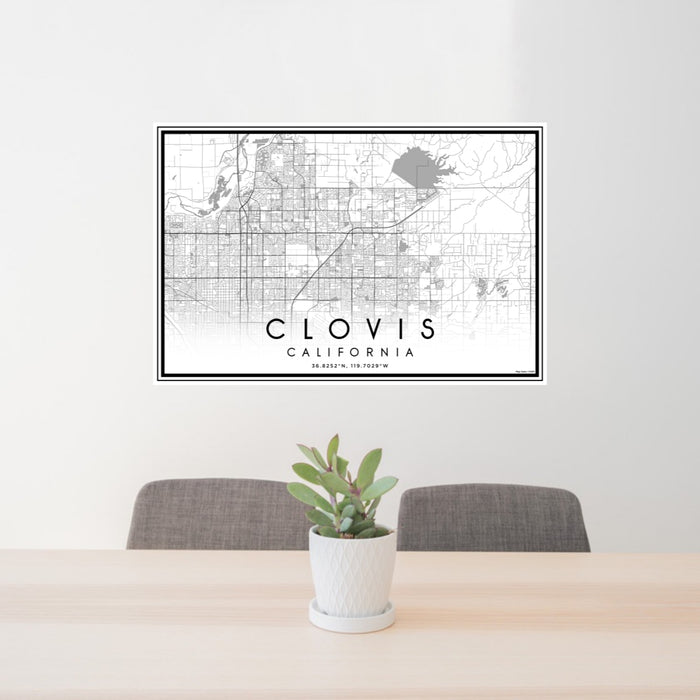 24x36 Clovis California Map Print Lanscape Orientation in Classic Style Behind 2 Chairs Table and Potted Plant