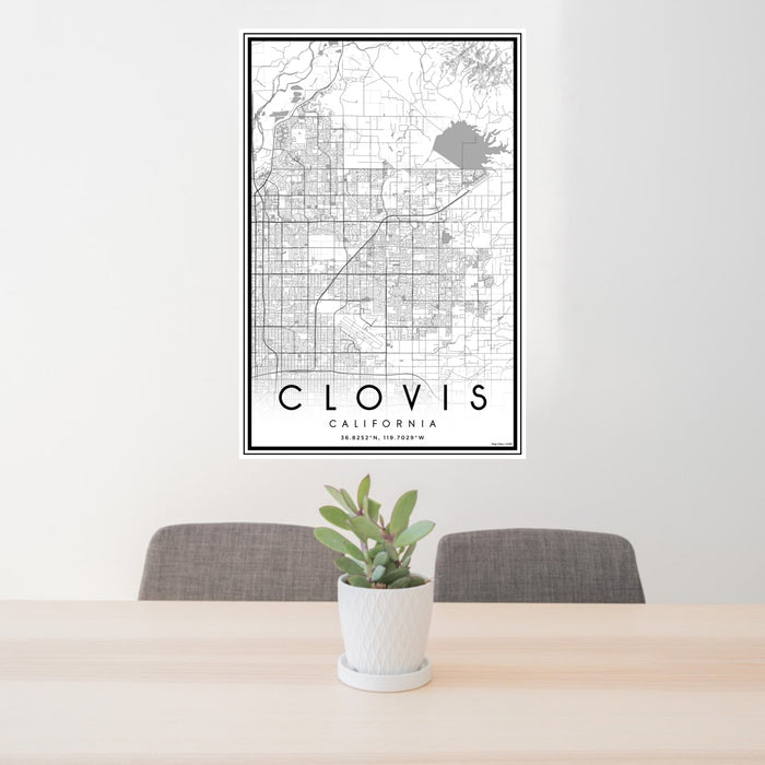24x36 Clovis California Map Print Portrait Orientation in Classic Style Behind 2 Chairs Table and Potted Plant