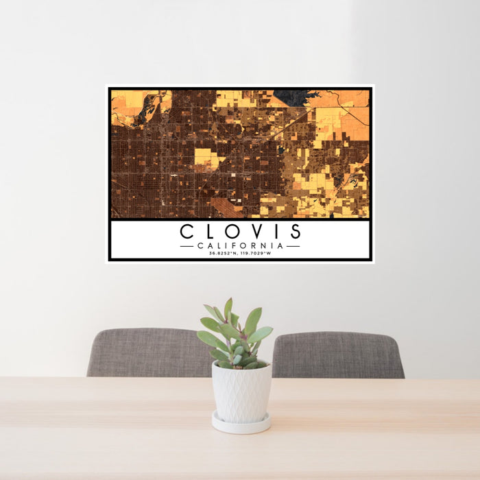 24x36 Clovis California Map Print Lanscape Orientation in Ember Style Behind 2 Chairs Table and Potted Plant