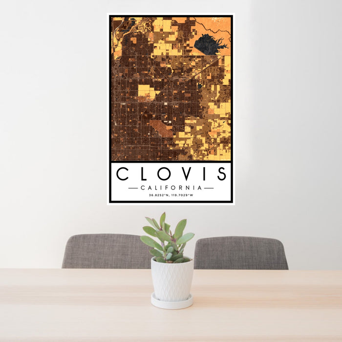 24x36 Clovis California Map Print Portrait Orientation in Ember Style Behind 2 Chairs Table and Potted Plant