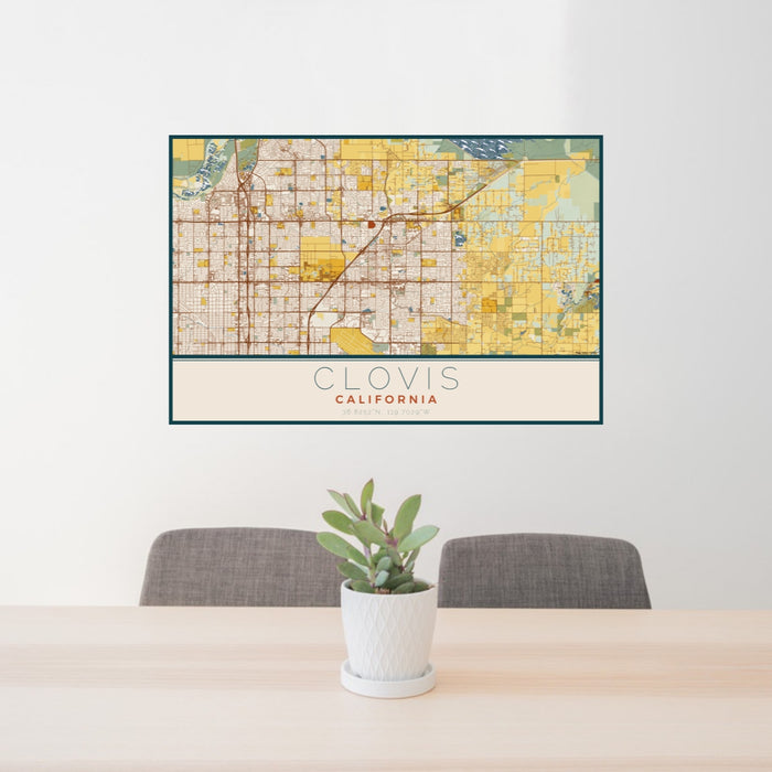 24x36 Clovis California Map Print Lanscape Orientation in Woodblock Style Behind 2 Chairs Table and Potted Plant