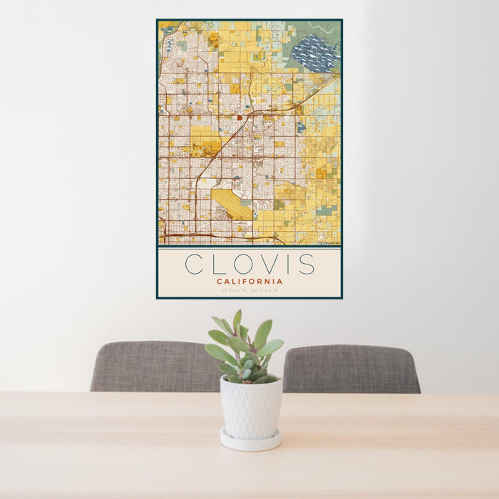 24x36 Clovis California Map Print Portrait Orientation in Woodblock Style Behind 2 Chairs Table and Potted Plant