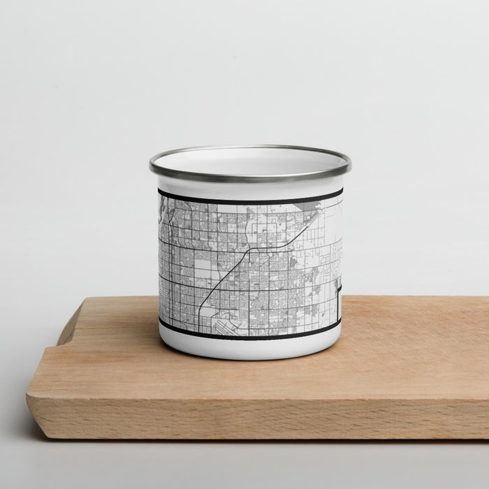 Front View Custom Clovis California Map Enamel Mug in Classic on Cutting Board