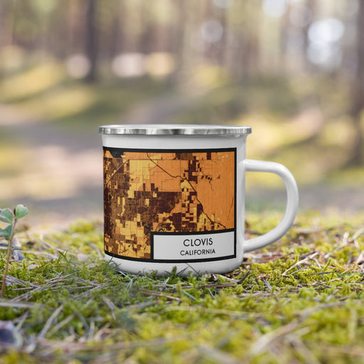 Right View Custom Clovis California Map Enamel Mug in Ember on Grass With Trees in Background