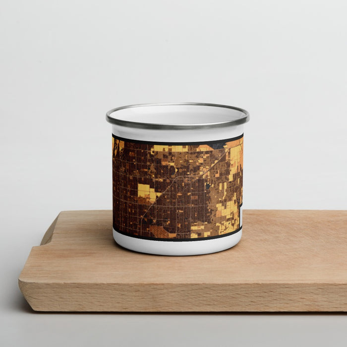 Front View Custom Clovis California Map Enamel Mug in Ember on Cutting Board