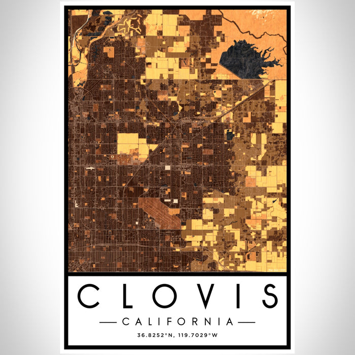 Clovis California Map Print Portrait Orientation in Ember Style With Shaded Background