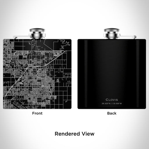 Rendered View of Clovis California Map Engraving on 6oz Stainless Steel Flask in Black