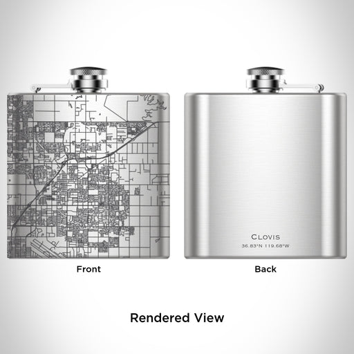 Rendered View of Clovis California Map Engraving on 6oz Stainless Steel Flask