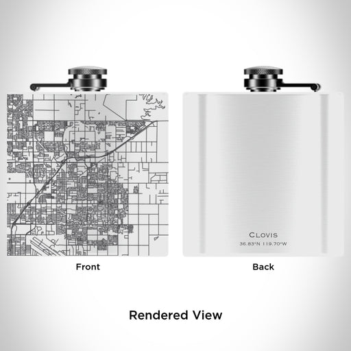 Rendered View of Clovis California Map Engraving on 6oz Stainless Steel Flask in White