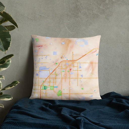 Custom Clovis California Map Throw Pillow in Watercolor on Bedding Against Wall