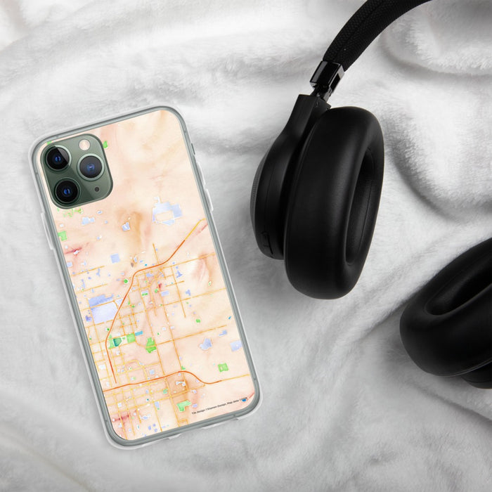 Custom Clovis California Map Phone Case in Watercolor on Table with Black Headphones